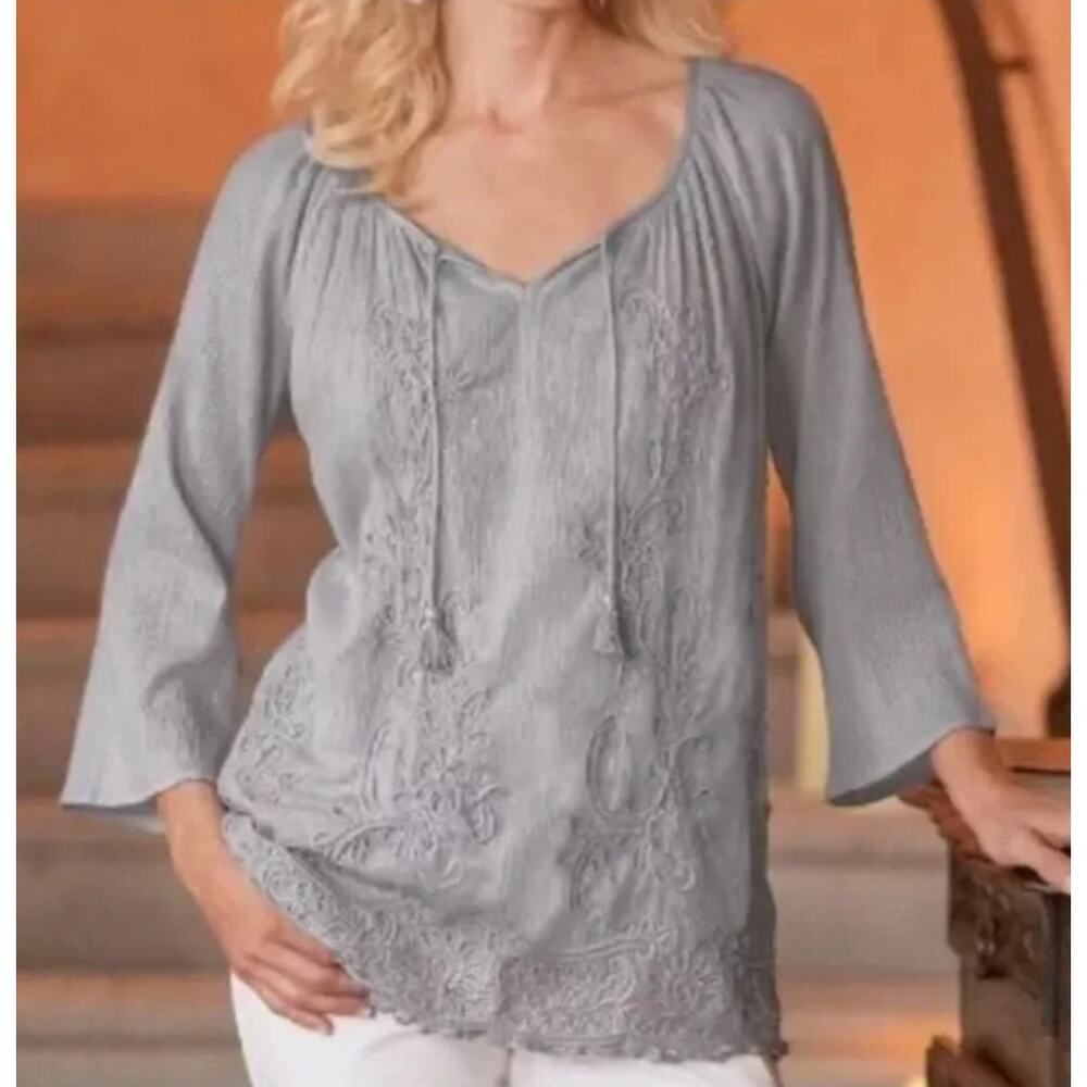 Soft Surroundings Winding Vines Embroidered Tassel 3/4 Sleeve Gray Tunic Size 1X
